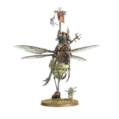Miniature warrior riding insectoid creature with wings and trident in Warhammer Spearhead Maggotkin of Nurgle