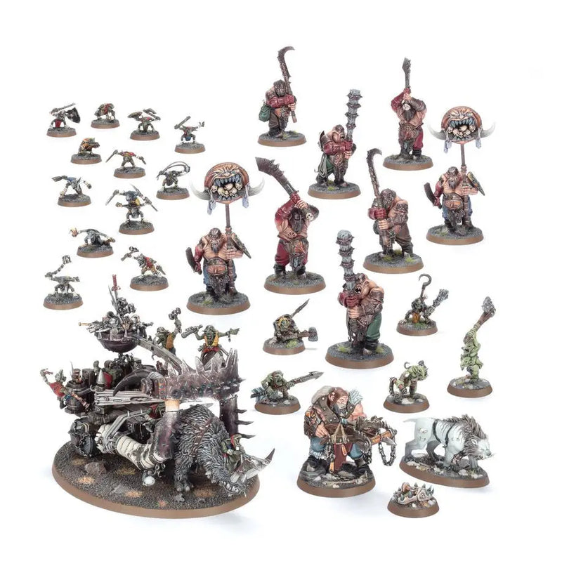 Miniature fantasy army featuring Ogor Mawtribes and Gnoblar Scraplauncher on round bases for Warhammer SPEARHEAD