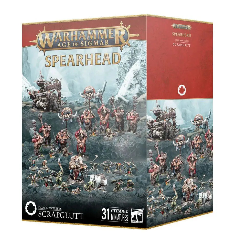Warhammer SPEARHEAD Ogor Mawtribes Scrapglutt miniatures box with Gnoblar Scraplauncher on round bases