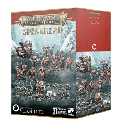 Warhammer SPEARHEAD Ogor Mawtribes Scrapglutt miniatures box with Gnoblar Scraplauncher on round bases