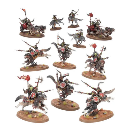 Miniature fantasy wargame figures featuring Snarlpack Huntaz and Wolf Riders for Warhammer SPEARHEAD SNARLPACK HUNTAZ