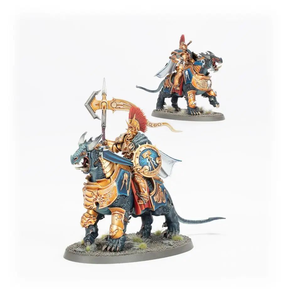 Armored Stormcast Eternals warrior on ornate battle cat with sigmarite shield