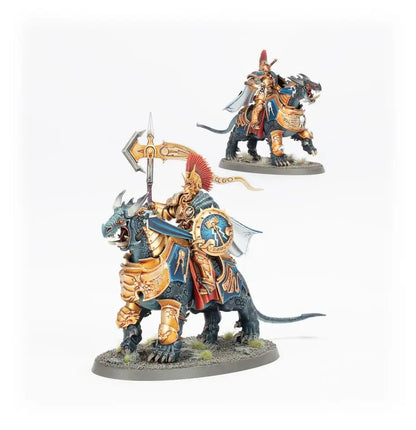 Armored Stormcast Eternals warrior on ornate battle cat with sigmarite shield
