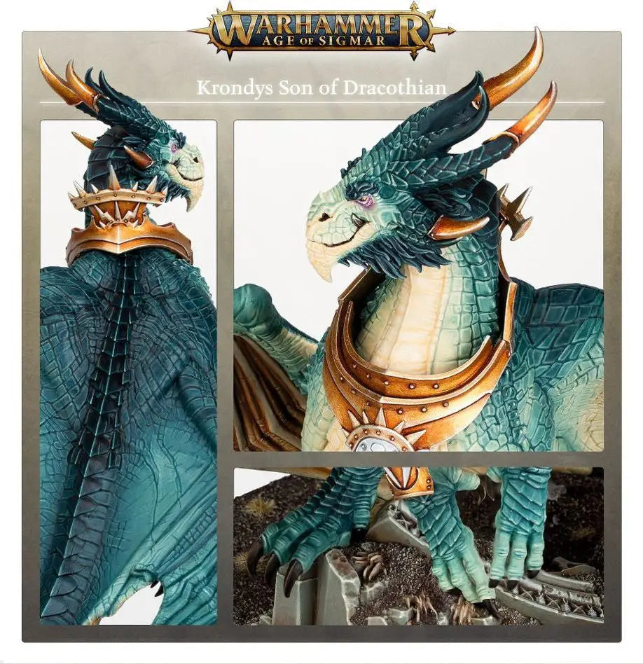 Painted miniature dragon Krondys Son of Dracothian with teal scales, golden armor, and white snout