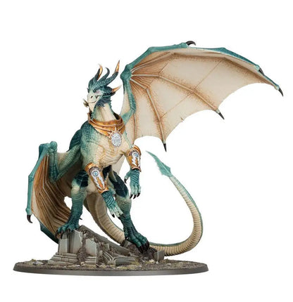 Teal and tan Dragon miniature with golden armor on ruined base for Warhammer Stormcast Eternals Krondys Son of Dracothion