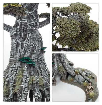 Miniature baobab tree model with realistic bark, green foliage, and scenic base for Warhammer Sylvaneth Awakened Wyldwood