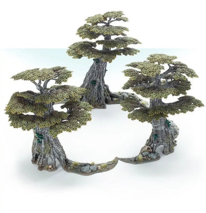 Miniature trees with textured trunks and green foliage from Warhammer Sylvaneth Awakened Wyldwood