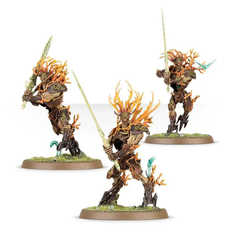 Sylvaneth Kurnoth Hunters miniatures with glowing swords and vibrant autumn foliage