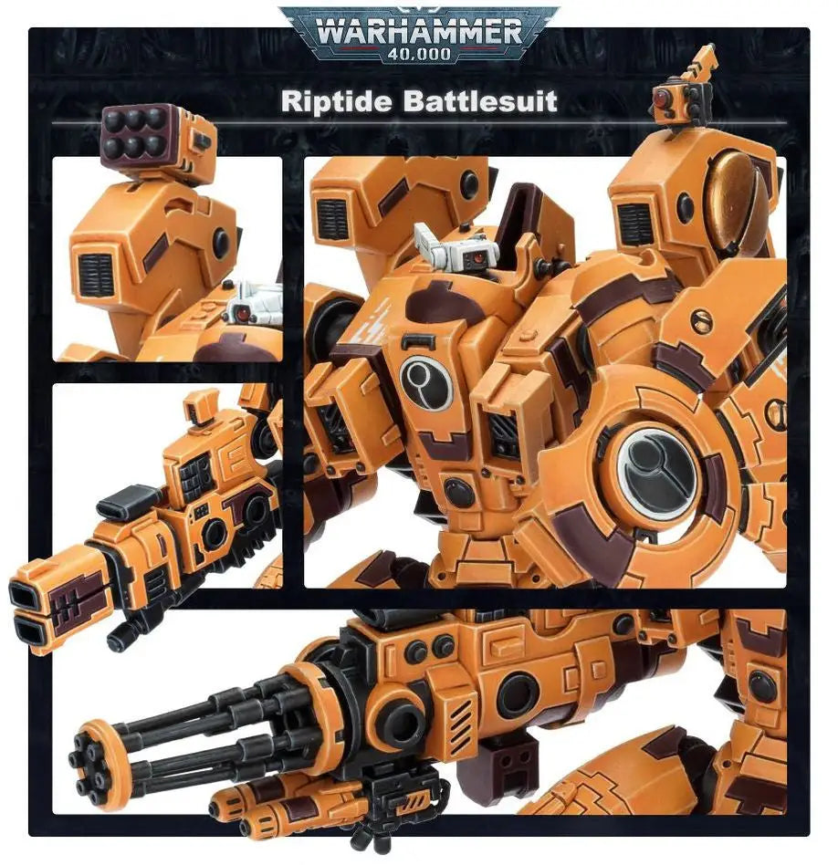 Detailed model of Warhammer 40,000 XV104 Riptide with shielded missile drones in orange and brown