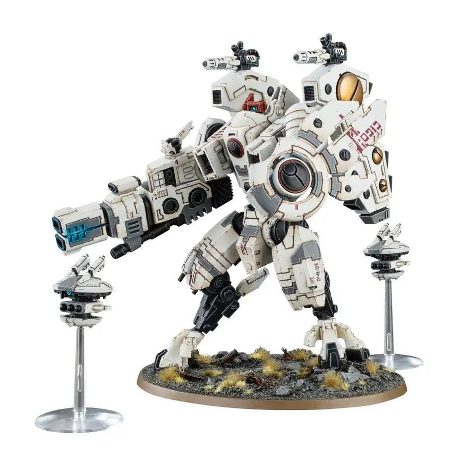 Futuristic white and gray combat robot with shielded missile drones in Warhammer T’AU EMPIRE RIPTIDE BATTLESUIT