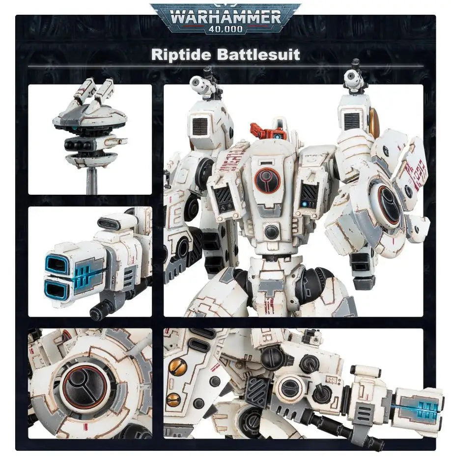 White and grey XV104 Riptide Battlesuit model kit with shielded missile drones