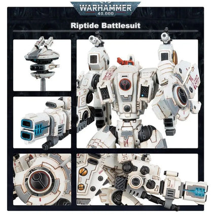 White and grey XV104 Riptide Battlesuit model kit with shielded missile drones