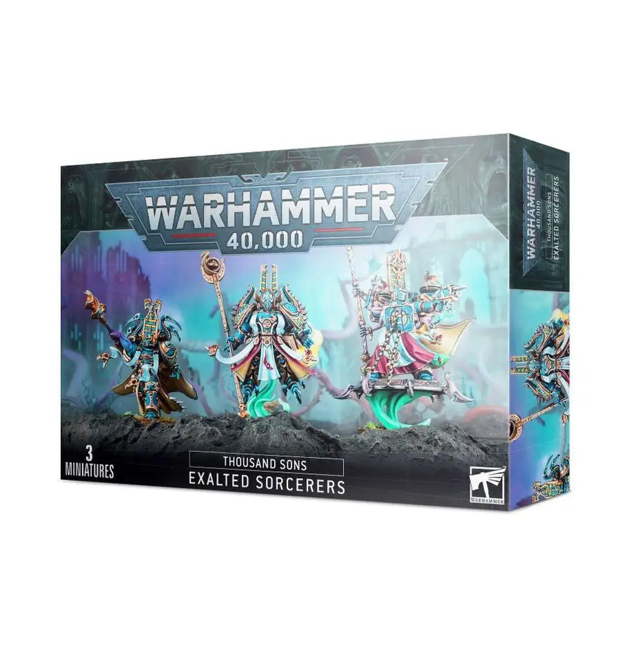 Boxed set of three Warhammer 40,000 Thousand Sons Exalted Sorcerers miniatures for tabletop gaming
