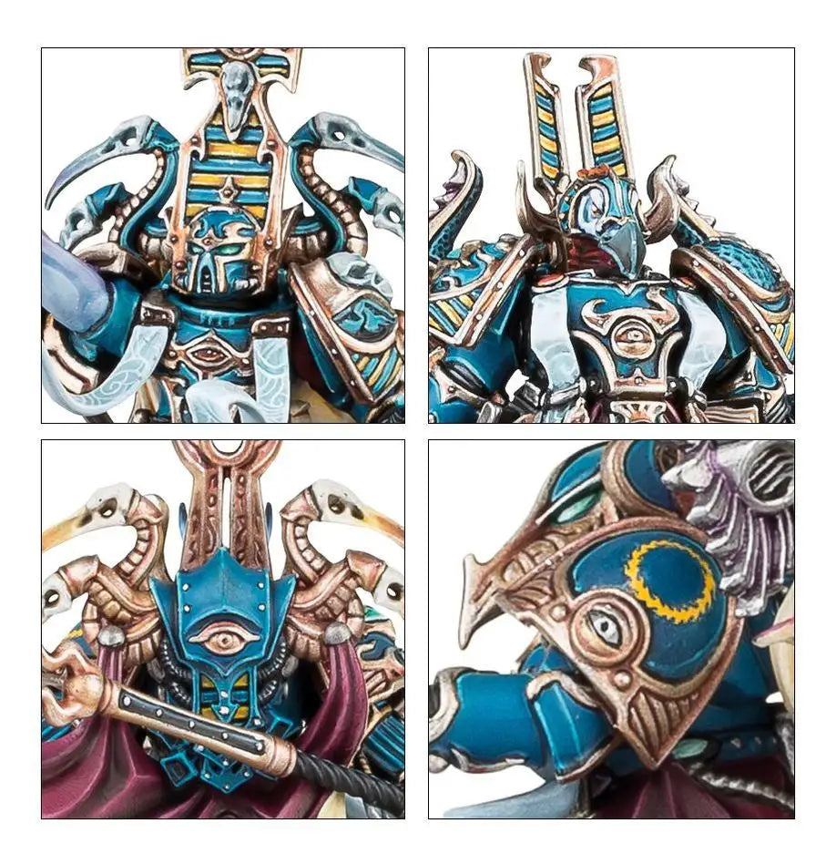 Close-up of detailed blue and gold Warhammer Thousand Sons Exalted Sorcerers figures