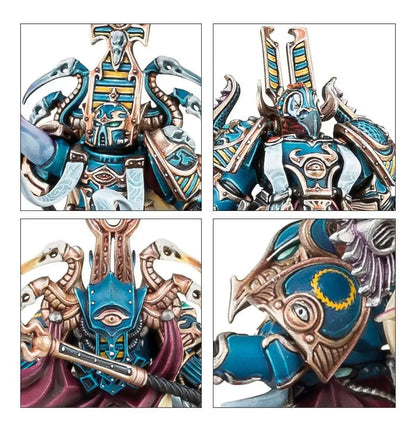 Close-up of detailed blue and gold Warhammer Thousand Sons Exalted Sorcerers figures