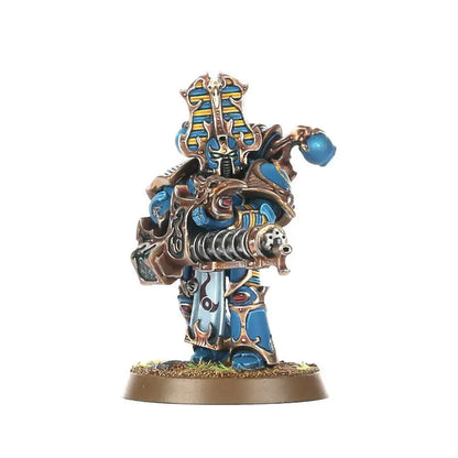 Miniature Blue and Gold Armored Warhammer Rubric Marines with Elaborate Headdress