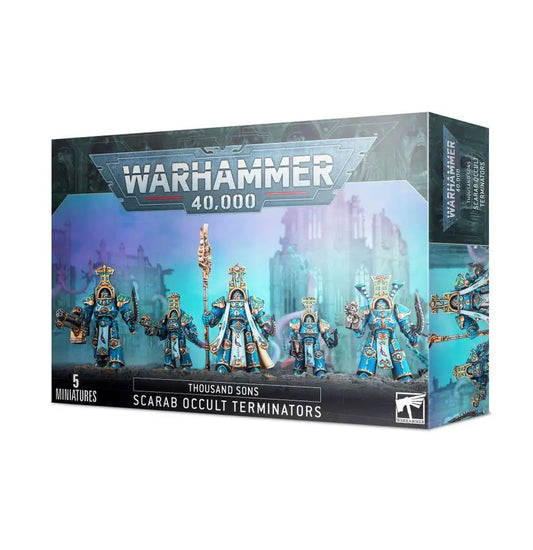 Boxed set of Warhammer Thousand Sons Scarab Occult Terminators miniatures for tabletop gaming