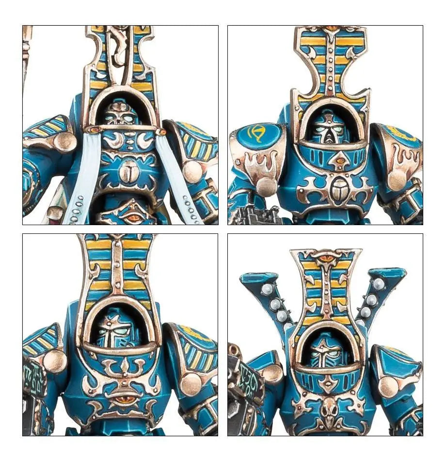 Four views of a blue and gold Scarab Occult Terminators figurine with ornate sarcophagus helmet