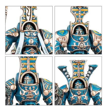 Four views of a blue and gold Scarab Occult Terminators figurine with ornate sarcophagus helmet