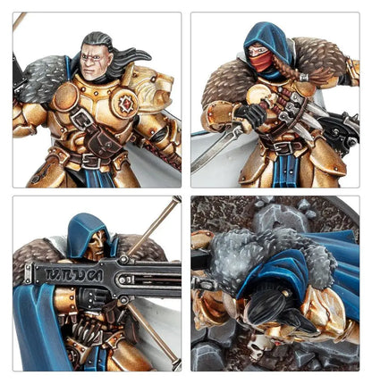 Painted miniature warrior in gold armor and blue cloak for Warhammer Underworlds Embergard