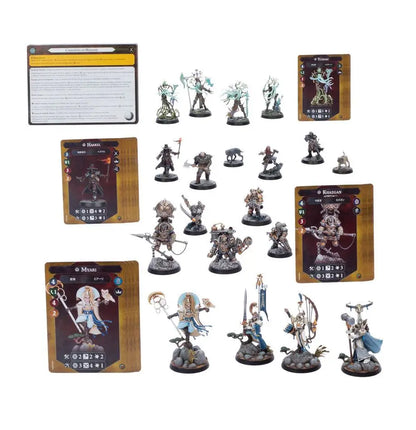 Collection of miniature gaming figures and double-sided warscroll cards from Warhammer Underworlds
