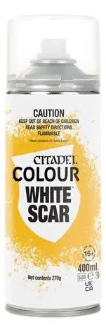 Citadel White Scar spray paint can for Warhammer models featuring white matte finish