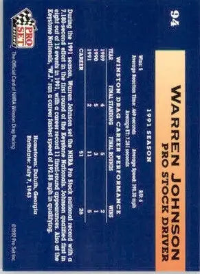 Warren Johnson - 1992 Pro Set NHRA - #94 - Racing - Racing Card Single
