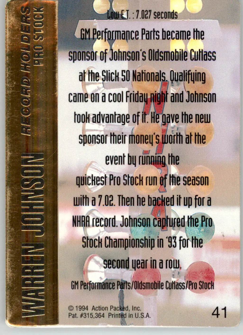 Warren Johnson - 1994 Action Packed NHRA - #41 - Racing - Racing Card Single