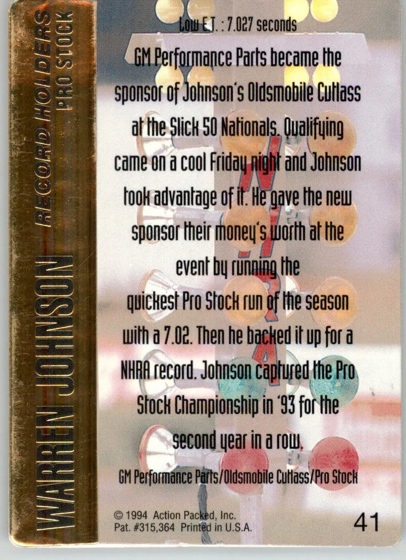 Warren Johnson - 1994 Action Packed NHRA - #41 - Racing - Racing Card Single