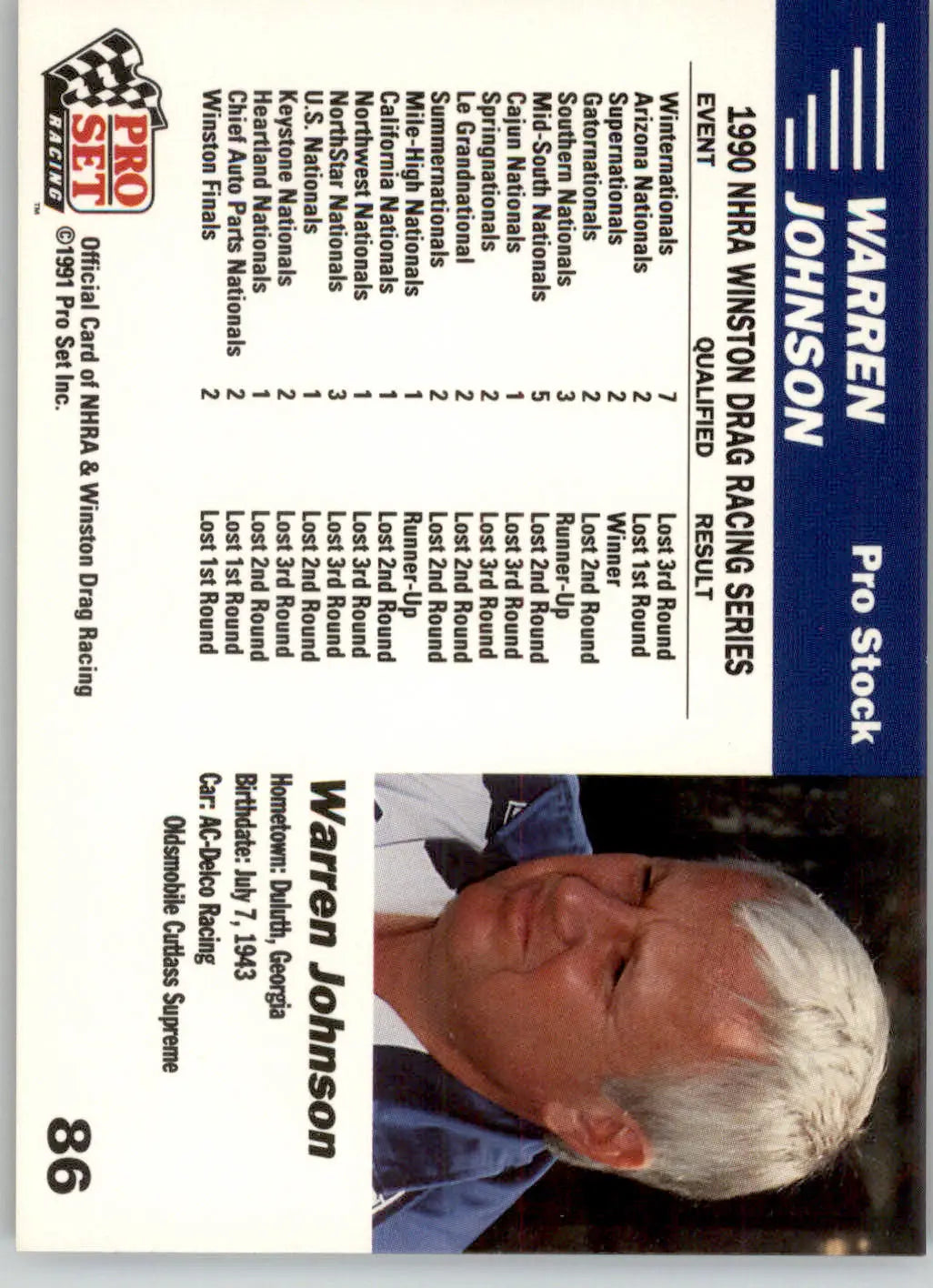 Warren Johnson’s Car - 1991 Pro Set NHRA - #86 - Racing - Racing Card Single