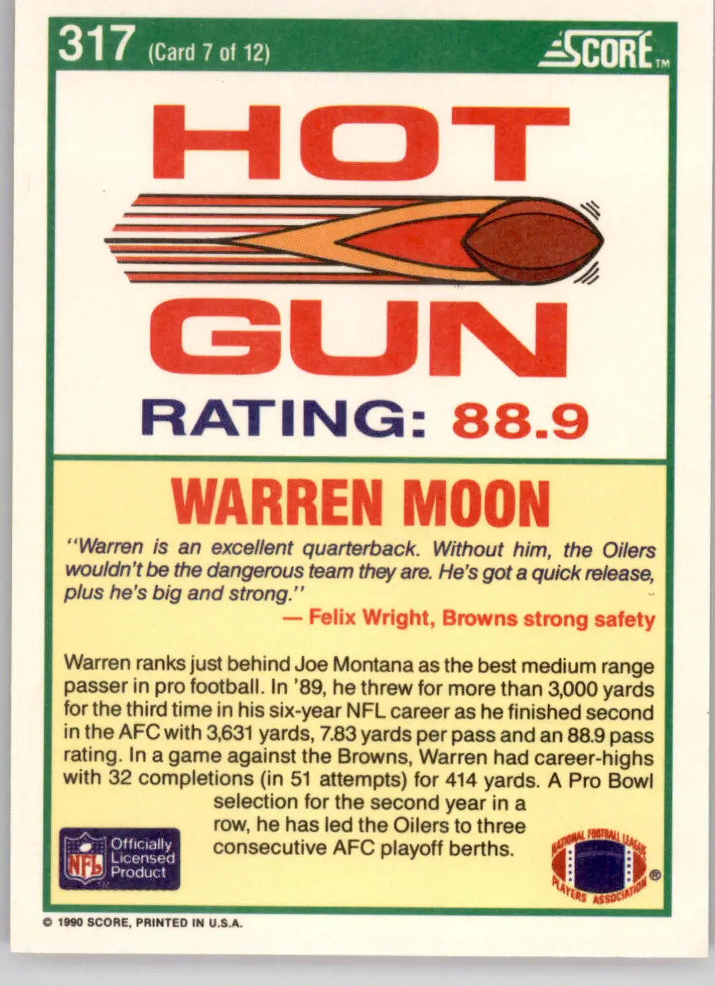 Warren Moon - 1990 Score - #317 - Football