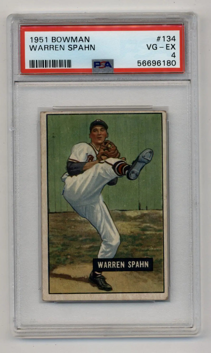 Vintage Warren Spahn 1951 Bowman baseball card graded VG-EX 4 by PSA