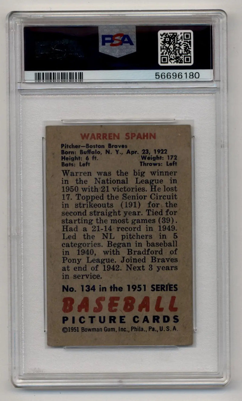 Graded vintage Warren Spahn baseball card 1951 Bowman PSA 4 Very Good-Excellent