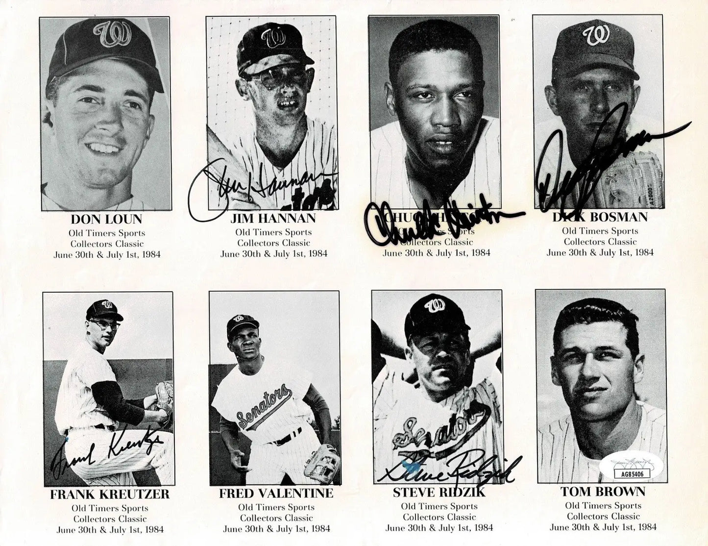 Washington Senators Old Timers Auto Bosman Hannan Hinton Ridzik Kreutzer JSA - Sports Memorabilia