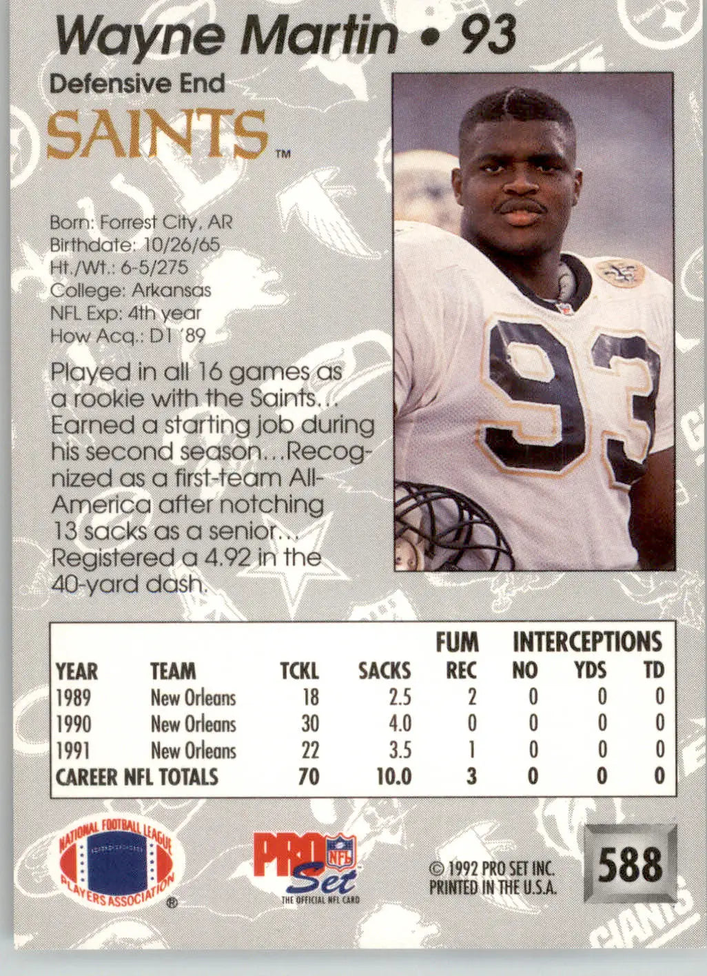 Wayne Martin - 1992 Pro Set - #588 - Football - Football Card Single