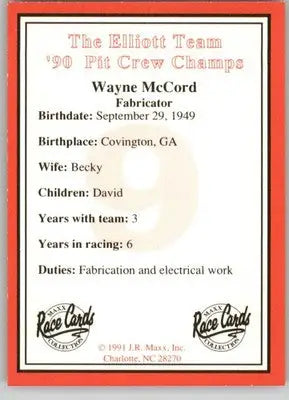 Wayne McCord - 1991 Maxx The Bill Elliott Team - #NNO - Racing - Racing Card Single