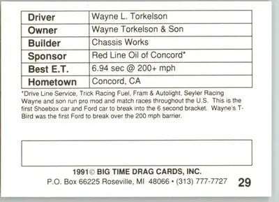 Wayne Torkelson - 1991 Big Time Drag - #29 - Racing - Racing Card Single