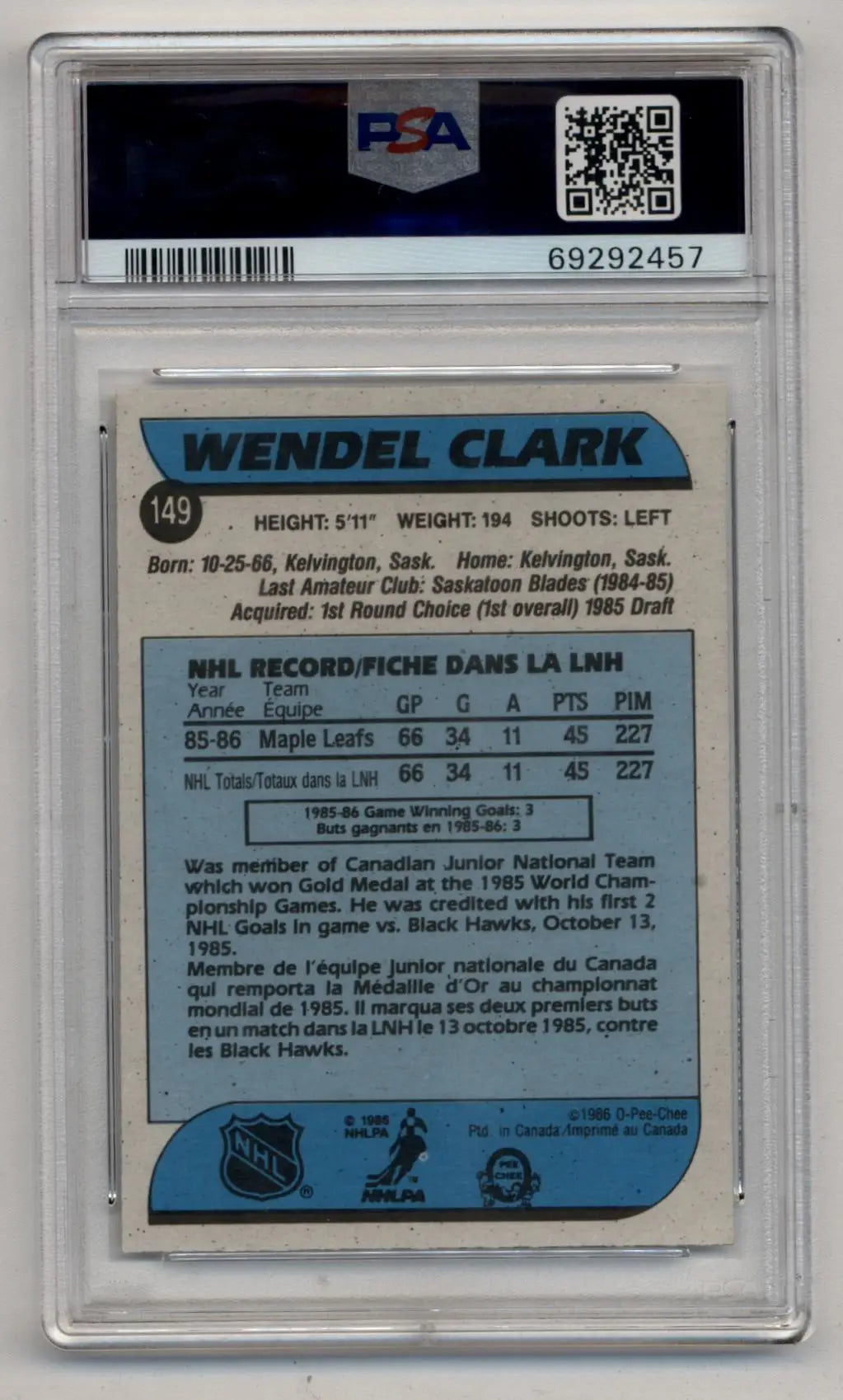 Wendel Clark 1986-87 O-Pee-Chee #149 PSA 9 - Hockey Card Single