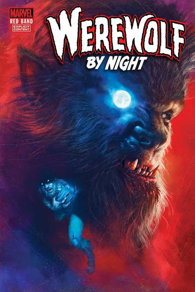 Snarling Werewolf with glowing blue elements in Werewolf By Night Red Band Rahzzah Variant design