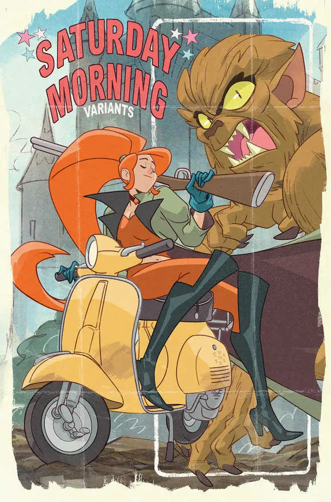 Yellow Vespa scooter chased by werewolf in Werewolf By Night Sean Galloway Red Band art