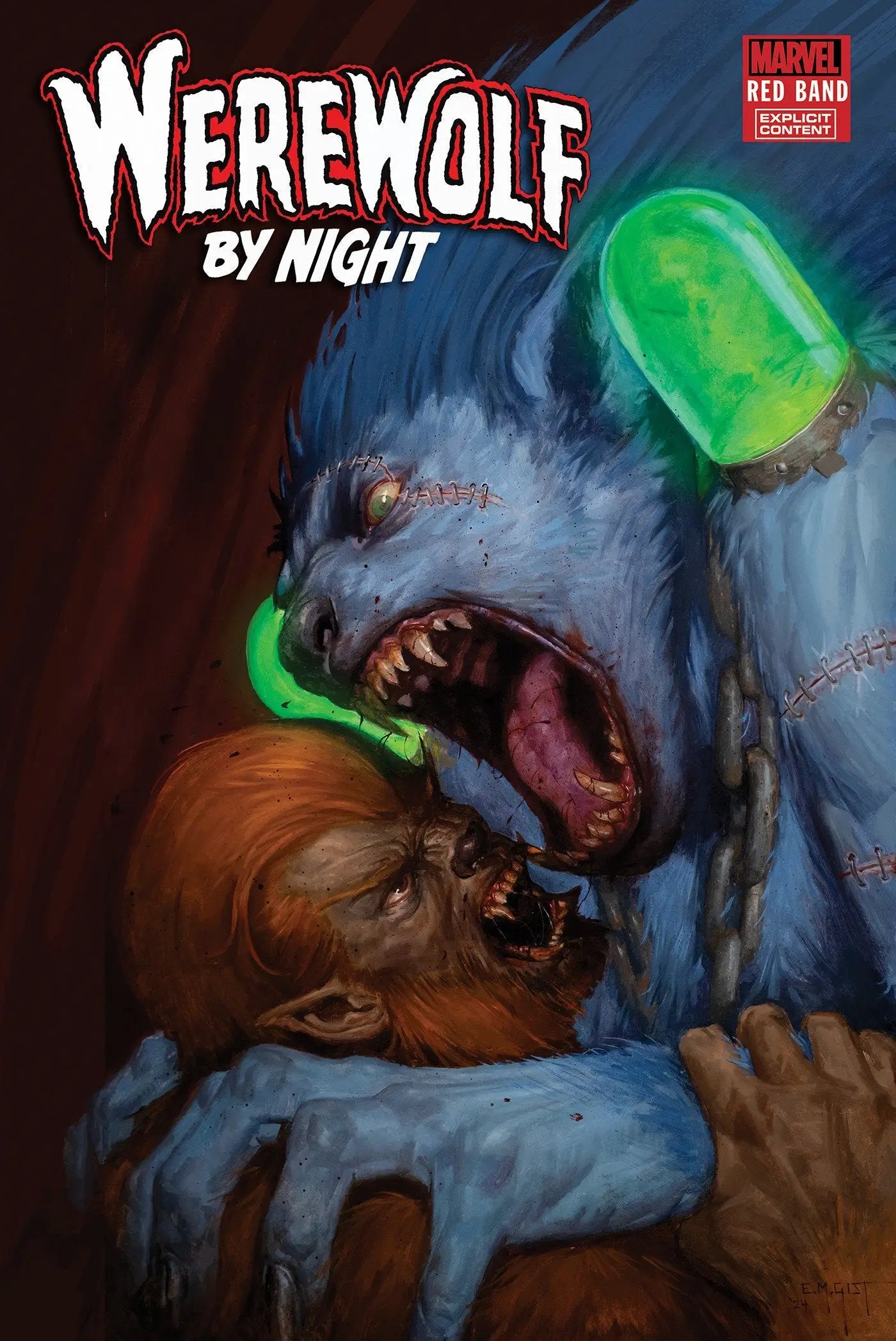 Snarling Werewolf with glowing green elements in Werewolf By Night Red Band comic art