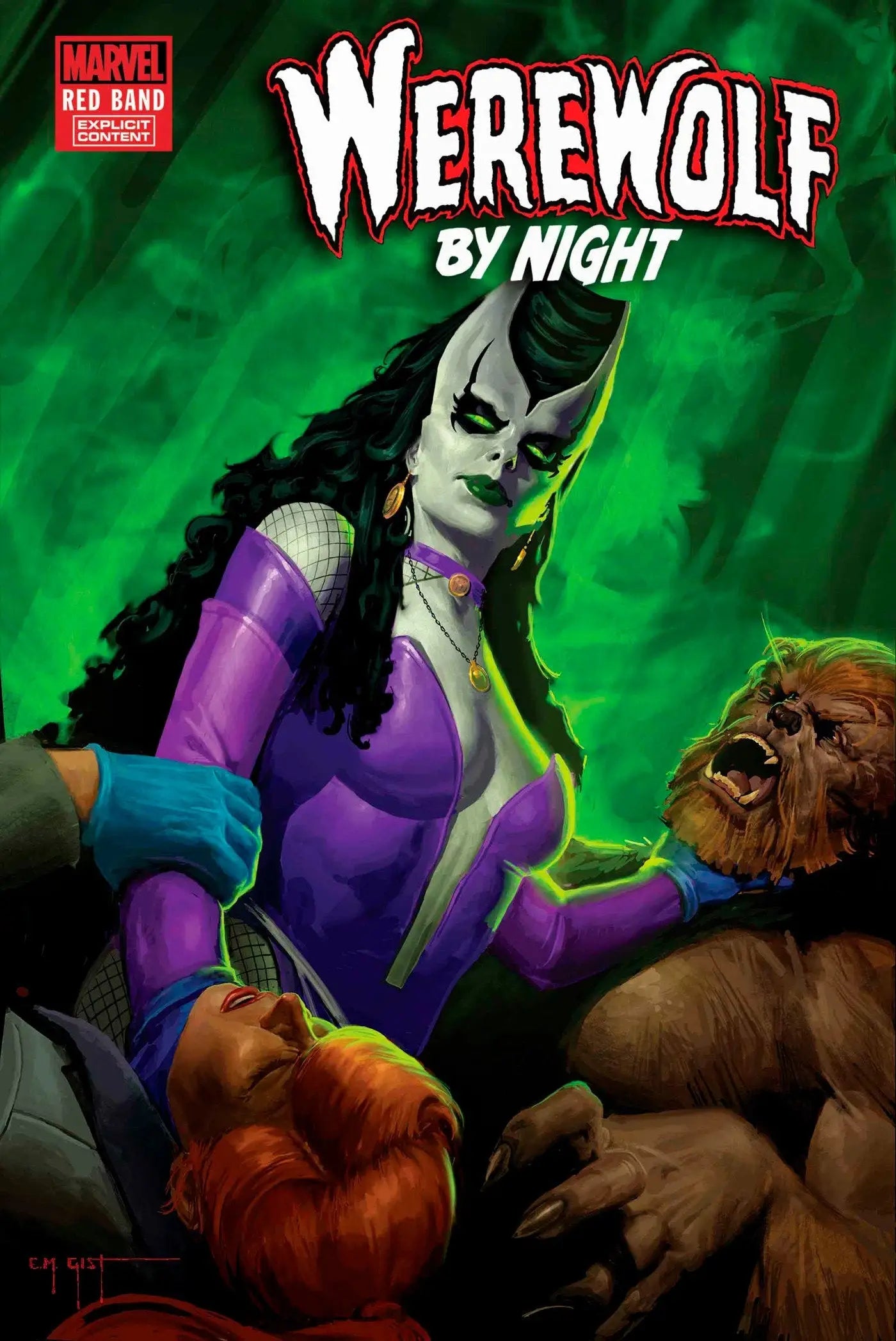 Comic book cover featuring a female villain, werewolf, and victim from Night Red Band series