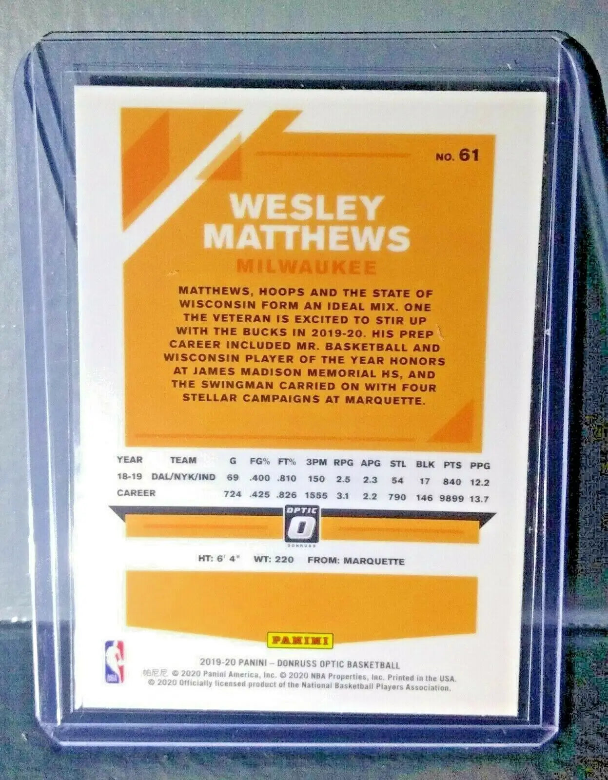 Wesley Matthews 2019-20 Panini Donruss Optic #61 Basketball Card - Basketball Card Single
