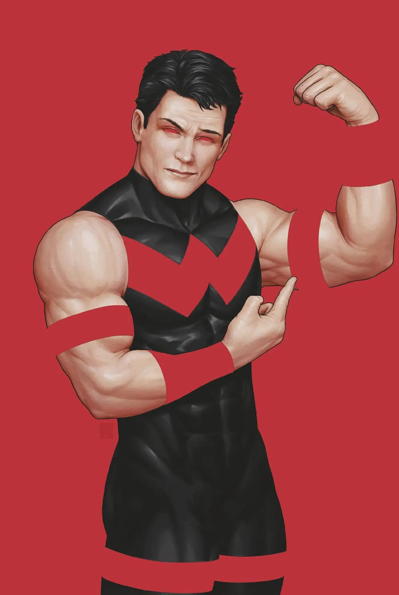 Muscular superhero with red accents from West Coast Avengers comic cover art