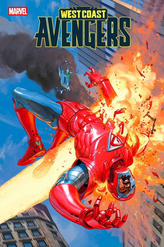 Exploding red and blue superhero suit with visible face from West Coast Avengers #9