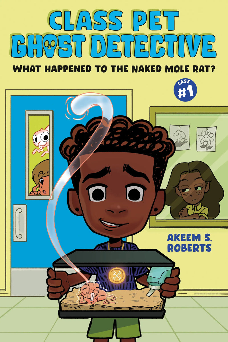 Children’s book cover featuring a cartoon boy with a pet habitat and a ghost about a naked mole rat