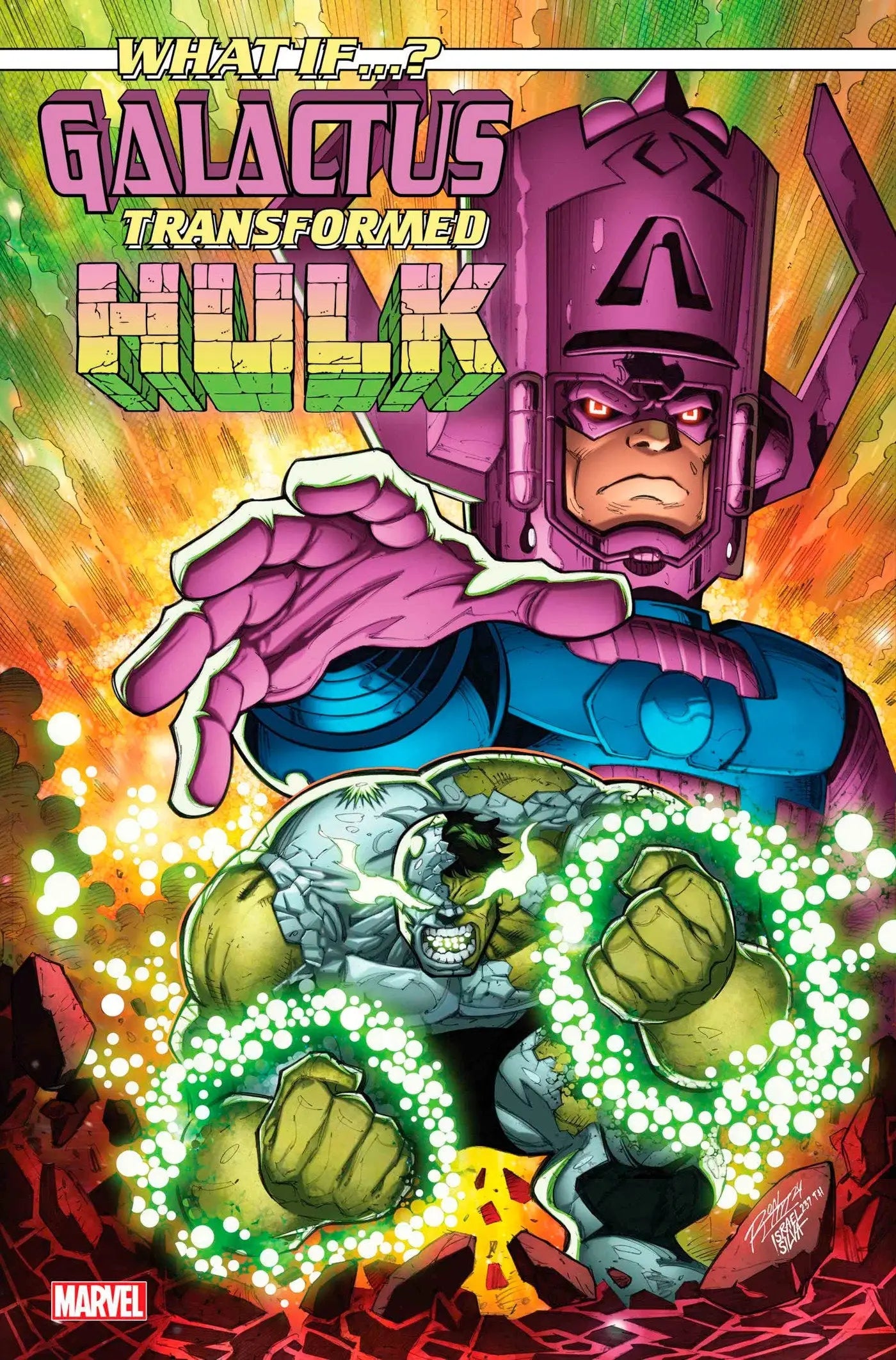 Comic book cover of Galactus Transformed Hulk surrounded by glowing green energy
