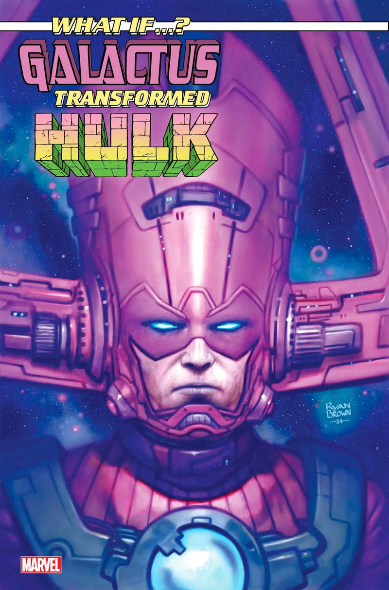 Cosmic being in metallic pink armor with glowing blue eyes from Galactus Transformed Hulk Ryan Brown Variant