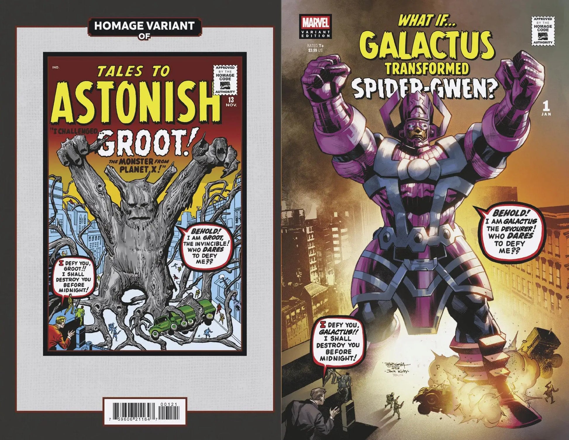 Two comic book covers featuring What If...? Galactus transforms Spider-Gwen in Sci-Fi style