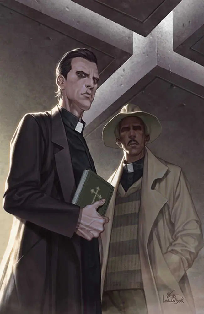 Two men dressed as priests with a Bible on the cover C Anniversar comic book